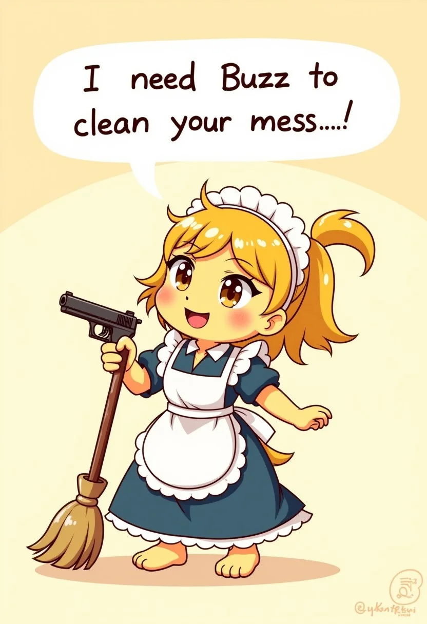 cartoon ,cute emo maid with broom in one hand and pistol in other, talking, "need Buzz to clean your mess," in the speech bubble,