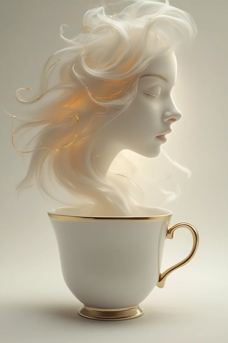 Abstract Lighting Effects, Hyperrealism, Midjourney Style, Photorealism, Cinematic, High Fidelity, Realism, Light Play, chiaroscuro, play of shadow and light, A surreal and elegant image featuring a white coffee cup with gold accents, from which steam rises to form the detailed and graceful silhouette of a woman's face. The woman's flowing hair merges seamlessly into the steam, with hints of gold highlighting the strands. The background is a soft, light color that enhances the contrast and elegance of the cup and steam. The overall atmosphere is sophisticated, dreamy, and artistic.