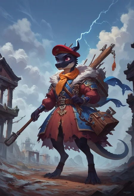 score_9, score_8_up:1.1, score_7_up, Expressiveh,
solo
1 black kobold girl, lizard like, dull black color kobold, standing
(black body and scales, obsidian kobold)
fantasy clothing, thick clothing, colorful padded clothes, beret hat, scarf, embroidery, patterned clothes, adventurers gear, travel clothing, fur clothes, eskimo style clothes
in a tundra, lightning storm above, tundra ground, frozen ground, dark cloudy skies, abandoned wood buildings
realistic