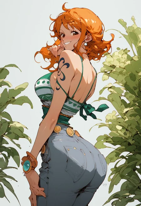 ,score_9, score_8_up, score_7_up, Expressiveh, (masterpiece), nami, low waist jeans,(blush, joyful, smile), skinny, post timeskip nami, orange short hair, anime, one piece style, from the back, looking at camera, one feet up, one piece anatomy, huge ass, thight clothes, shiny skin, sexy, solo, beautiful face, perfect face, outside, standing up, oily skin, simple background, very detailled face, very detailled ass, fullbody, solo