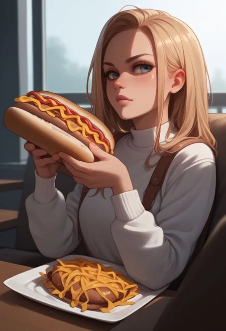 score_9, score_8_up, score_7_up, score_6_up, score_5_up, score_4_up,
solo,
1girl, Hot dog, holding,