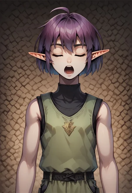 Lapanya, 1 person, solo, pointy ears, ((snout nose)), flat chest, small nostrils, short stature, skinny arms, ((closed eyes, singing, open mouth, dancing)), fair skin, ((dark lilac hair)), short hair, tomboy haircut, small nostrils, 3 fingers 1 thumb ((Sleeveless green vest, fitted black undershirt, black pantaloons, fully clothed)), dynamic view, 3/4 view
((Organic cavern background)), fully clothed,
clean lines, up close, upper body focus, highly detailed face, detailed background, high quality, best quality, score: 9, score: 8 up, rating: safe
