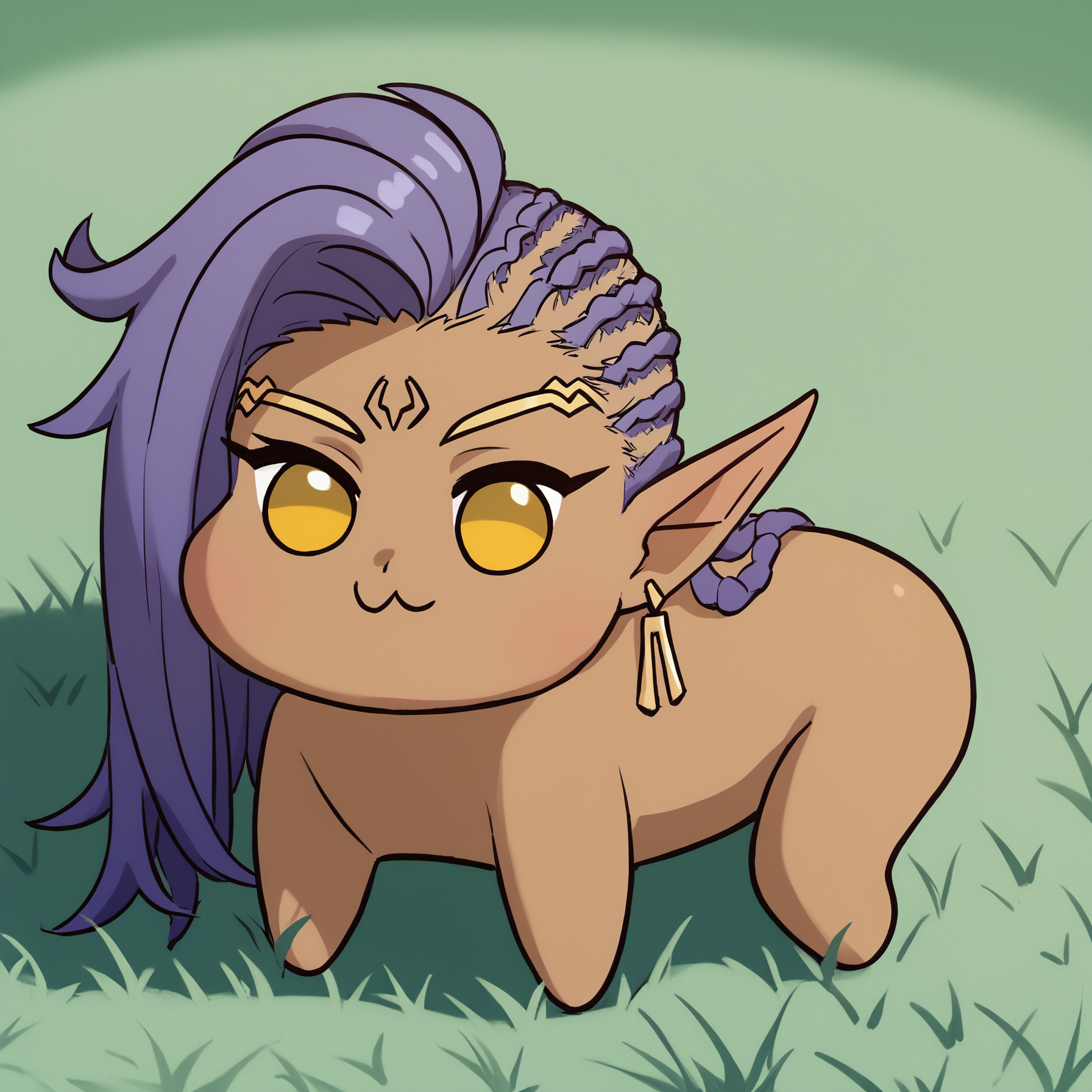 score_9, score_8_up, score_7_up, 1girl, elaishasub, pointy ears, dark-skinned female, yellow eyes, earrings, purple hair, long hair, sidecut, dreadlocks, forehead mark,
<lora:Doro_X_PDXL_V1:1.0>, doro, creature, :3, chibi, no humans, four legs, solid circle eyes, no pupils, all fours, side view,
outdoors, grass,
<lora:Subverse-Elaisha-PDXL_V1-Manityro-CAME:1.0>,