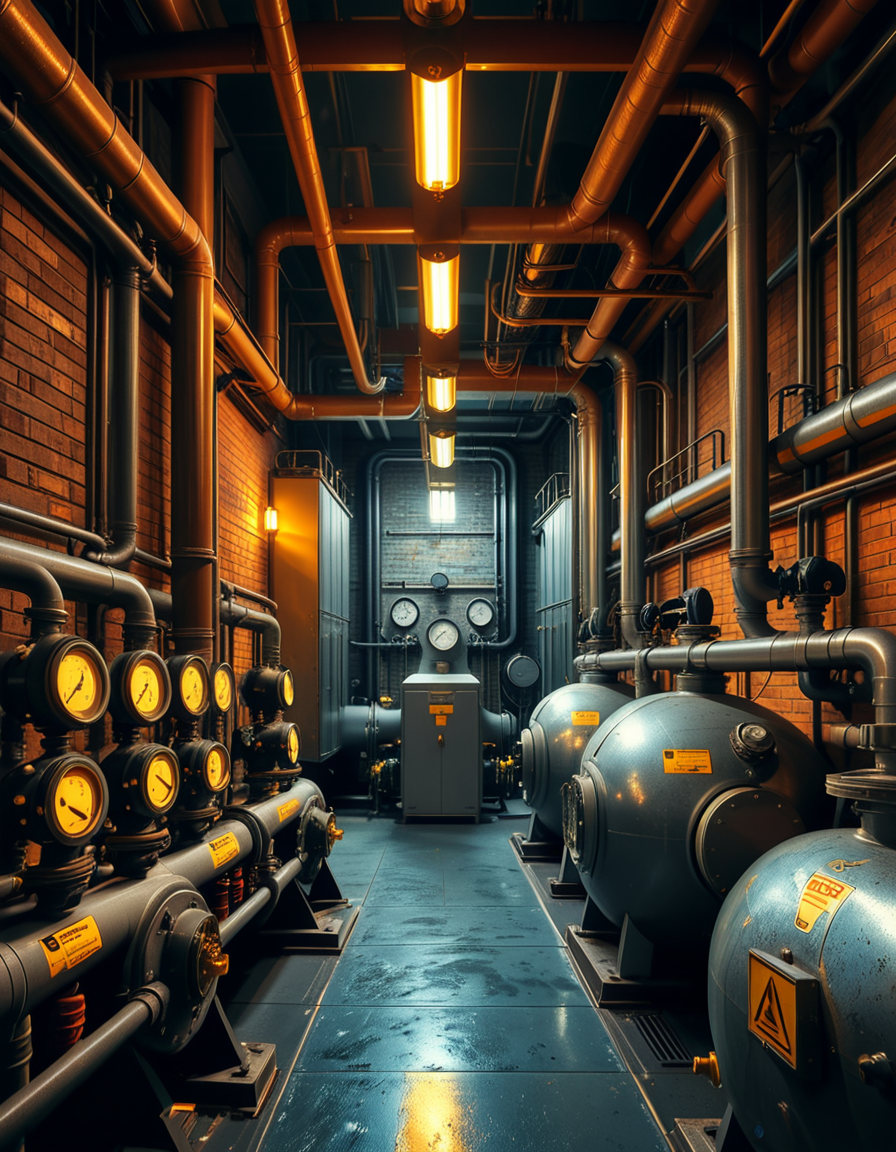 A highly detailed and realistic photograph of an industrial boiler room filled with large metal boilers, complex pipe systems, and pressure gauges. The room is dimly lit with a mix of warm yellow lighting from overhead industrial lamps and cool blue reflections from metallic surfaces. The air is slightly hazy with steam escaping from some of the pipes. The floor is made of reinforced concrete with visible stains from oil and water. Various control panels with blinking LED indicators and warning signs are mounted on the walls. The atmosphere is rugged and mechanical, evoking a sense of power and industrial efficiency. The depth of field is sharp, capturing intricate details such as rust on old pipes, the texture of the metal surfaces, and the labels on the control panels. The composition emphasizes symmetry, with pipes and machinery creating a structured, almost futuristic aesthetic. 
<lora:SDXLFaeTastic2400:0.4> <lora:extremely_detailed:0.4> extremely detailed,<lora:industrial_boiler_room:1>,industrial b01l3r r00m, Masterpiece,best quality,hi res,8k,hi res,8k,award winning,(sharp focus, intricate, highly detailed),