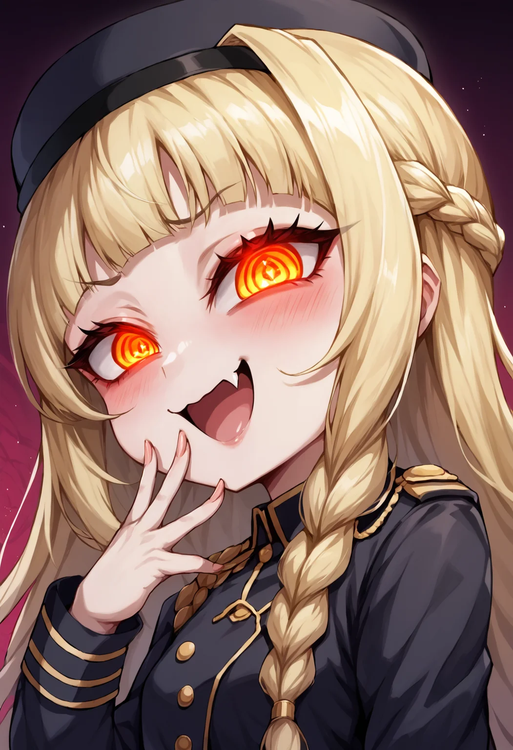 score_9, score_7_up, source_anime, uncensored, zPDXLxxx, <lora:intricate_details:1> intricate_details_xl, gradient background, (monstrous:1.25) two-tone background
1girl, solo, ojou-sama pose, blonde hair, single hair bun, long hair, hair over one eye, mohawk, crazy eyes, glowing eyes, diamond eyes, looking at viewer, dirndl, <lora:Mesugaki_Concept_v1.1:1> mesugaki, smug, skin fang, hand to own mouth, fingernails