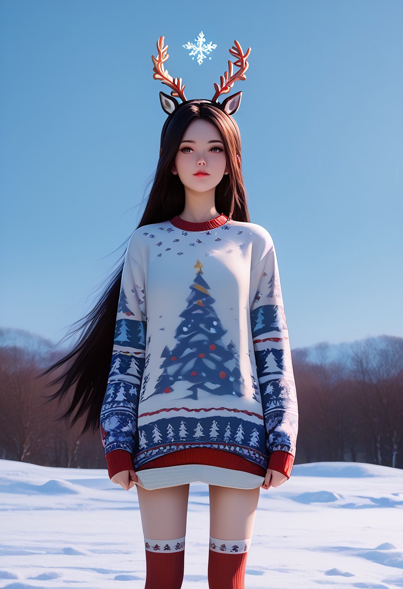 score_9, score_8_up, score_7_up, score_6_up, score_5_up, score_4_up, masterpiece, ultra-detailed, high resolution,
christmas_sweater,chuxue, Demon，
a girl with deer antlers and ears, wearing a white Christmas sweater and stockings, super long hair, standing in the snowfield with snowflakes falling, creating a beautiful and dreamy scene.