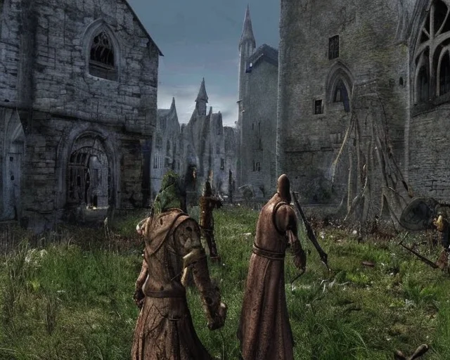 an old ps_game_screenshot of a medieval gothic village, hordes of undead roaming the streets, brass pipes, exterior, Lovecraftian, immersive, birds eye view, (concept art by dark souls) <lora:epiNoiseoffset_v2:1.4>