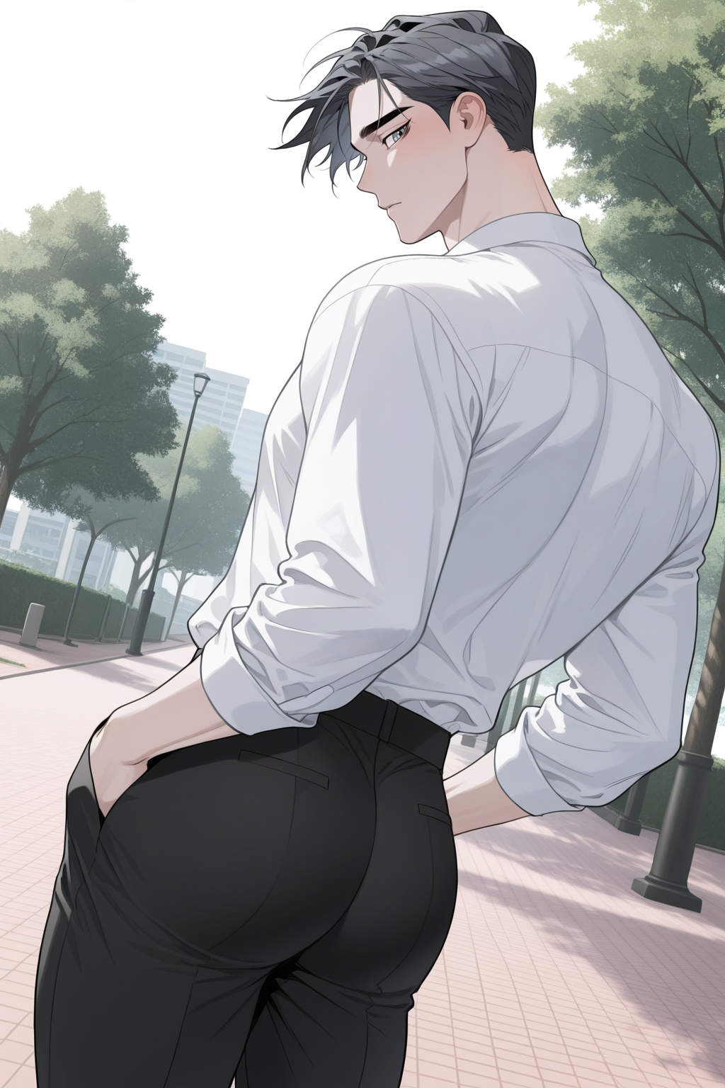 <lora:define relationship-IL-000008:0.8>,formal, karlyle, grey hair, green eyes,hands in pockets,white shirt,black pants,looking back,dutch angle,wind, park, spring,,1boy,solo,yaoi,bara,male focus,masterpiece,best quality,amazing quality,nsfw,uncersored,highres,best quality,amazing quality,best aesthetic,absurdres,