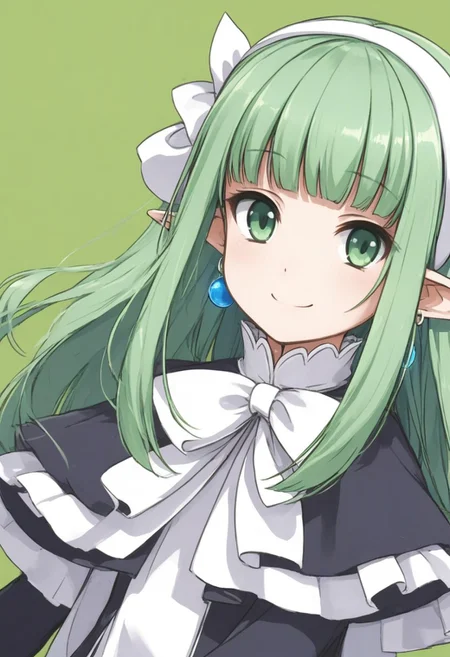 long sleeve,black long dress,Slit in the center dress,green hair,green eyes,capelet,black Long boots,blunt bangs,long dress,earrings,white hair s ribbon,white hairband,pointy ears,ribbon,smile,cheek