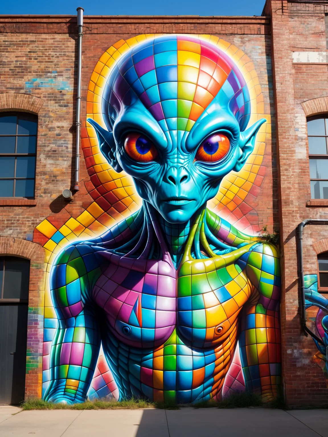 old warehouse with a mad_colorful_checker mural of an alien, brick walls, city <lora:Colorful_Checker_SDXL:0.8>, (masterpiece:1.2), best quality