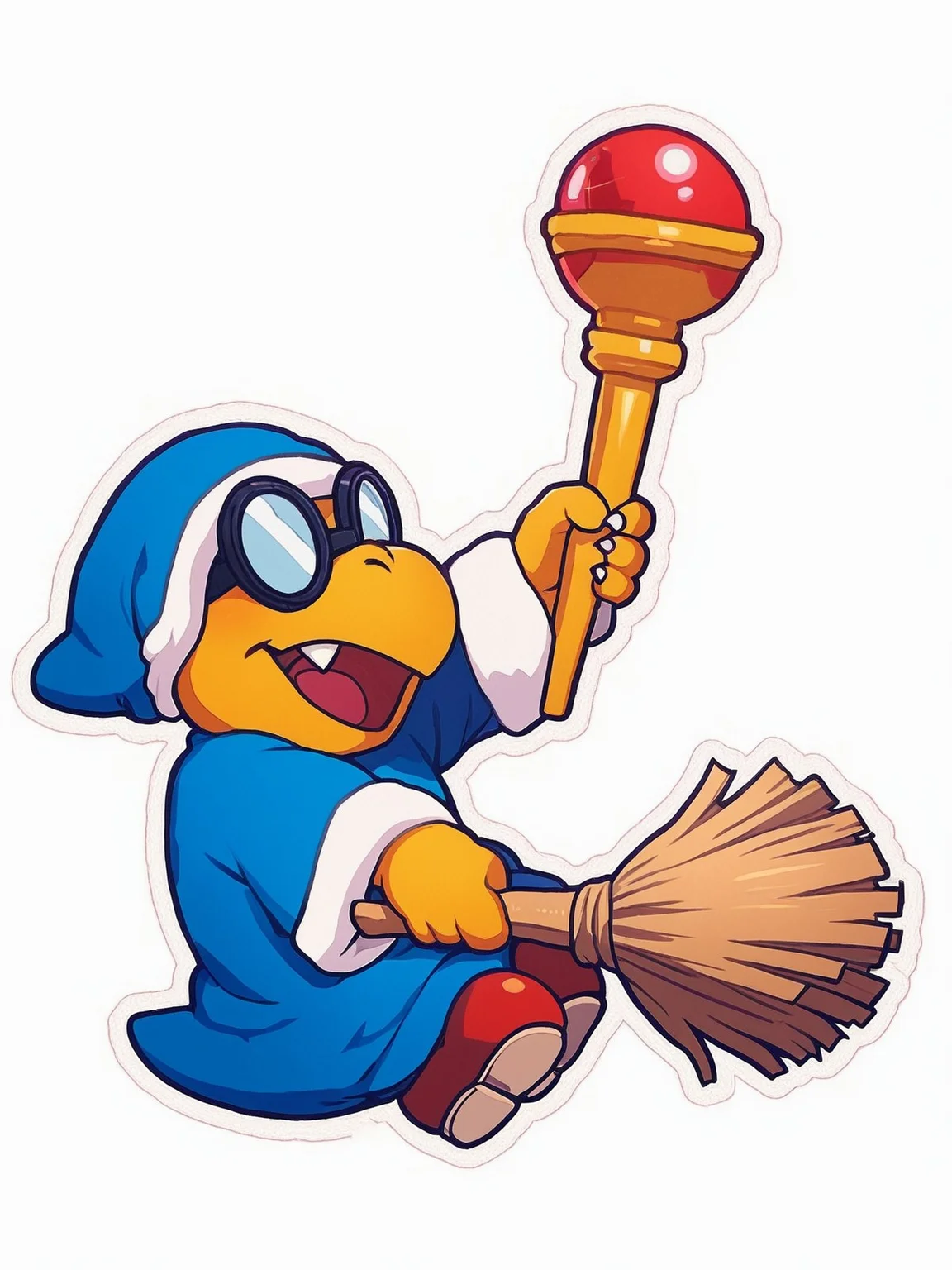 score_9,score_8,score_7,source_furry,kamek_smb,
<solo:1.5>,
<1boy:1.5>,
<white background:1.5>,
<simple background:1.5>,
 hat, solo, fang, broom, white background, simple background, outline, open mouth, full body, blue headwear, holding, smile, sitting, staff, paper_kamek, 2d, goggles,
 <lora:Kamek_SMB_Pony_SDXL:1> kamek_smb