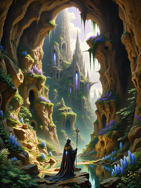 epic high fantasy scene, inspired by classic landscape artists with elements of romanticism, oil on canvas, low angle view emphasizing the dramatic scale, and a sense of awe in the presence of natureâs grandeur, dappled sunlight, a secluded valley in a mystical world, framed by steep, towering cliffs covered in lush, ancient flora, leading the eye toward a distant, grand spire that rises majestically on the horizon, in the foreground, a lone figure dressed in flowing, dark robes stands by a reflective pool, gazing toward the distant spire, the valley floor is scattered with moss-covered rocks and shallow pools that mirror the soft, filtered light from above, bioluminescent plants in shades of teal to cyan line the cliff edges, casting subtle blue glows that blend harmoniously with the warm, natural tones of the landscape, the distant spire is partly veiled in mist, evoking a mysterious, ancient quality, the figure, small against the monumental landscape, embodies the romantic spirit of manâs smallness before nature, standing in quiet reverence, as if on a pilgrimage through a forgotten world, the figure wears a dark, flowing cloak with a hood and holds a long ornate staff with a large gleaming sapphire, adding an air of mystery, her stance is still and purposeful, suggesting a moment of introspection or awe as she takes in the sublime view before her, the format is a medium-long shot with a low angle view to enhance the towering cliffs and spire, creating a dramatic perspective that emphasizes the sheer scale of the landscape, with the viewer looking slightly upward, adding to the impression of vastness and grandeur, a soft, golden light suffuses the scene, reminiscent of early morning, casting gentle highlights across the foliage and creating a warm glow on the figure and rocks, the faint blue of the bioluminescent flora contrasts with the warm tones, adding a mystical quality to the scene, delicate mist drifts between the cliffs, enhancing the ethereal, dreamlike atmosphere, traditional oil on canvas, with rich, layered brushstrokes capturing the textures of the cliffs, foliage, and soft reflections on the water, subtle transitions between light and shadow evoke a sense of depth and mystery, high attention to detail in the plants and figure, while the distant elements are painted with a softer focus to draw attention toward the foreground, amanoer, style of carl spitzweg, <lora:style-carl_spitzweg-flux-by_tangbohu:0.04> <lora:style-yoshitaka_amano-elden_ring-flux-by_alicient:1.0> <lora:style-fantastic_landscapes-flux-by_artifyai:0.48> <lora:epic_gorgeous_details-balance-flux-by_flyway:0.84>