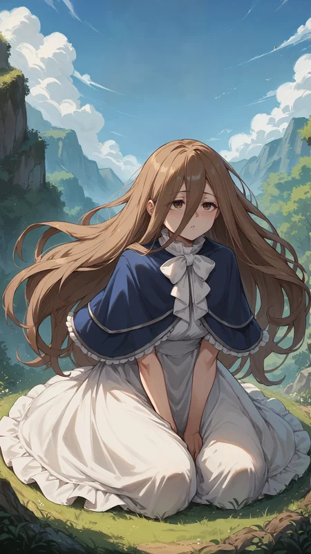 score_9,score_8_up,score_7_up,score_6_up, <lora:xl_more_art-full_v1:0.5>, source_anime, girl, dynamic pose, fetal position, <lora:Sense - Pony-000004:0.8>, long hair, brown hair, messy hair, hair between eyes, extra long hair, brown eyes, white bow, blue capelet, white dress, nature, rolling hills,