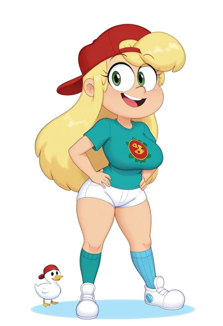 score_9, score_8_up, score_7_up, masterpiece, best quality, newest, absurdres, highres, amazing quality, colorful, 
masterpiece, best quality, absurdres, newest, very aesthetic, amazing quality,highres,sensitive, absurdres, high resolution, ultra detailed, perfect details,
source_cartoon,   toon (style), (cartoon:1.0), source_carton:1.1, rating:suggestive, dynamic pose, 
detailed,detailed eyes,perfect eyes,detailed,detailed hands,perfect hands,detailed,detailed legs,perfect hands, 1girl, solo,  
 <lora:Hoshime_Style_r2:0.6> , Hoshime_Style, petite,
 <lora:Lizy_Loud:0.8> , Lizy_Loud, blonde hair, long hair, baseball cap, green eyes,
backwards hat, style parody, bird, , white shorts, long hair, shirt, smile, simple background, baseball cap, open mouth, hands on own hips, white footwear, asymmetrical legwear, duck, retro artstyle, red headwear, mismatched legwear, beak, socks, thick thighs, wide hips, large breasts, saggy breasts,