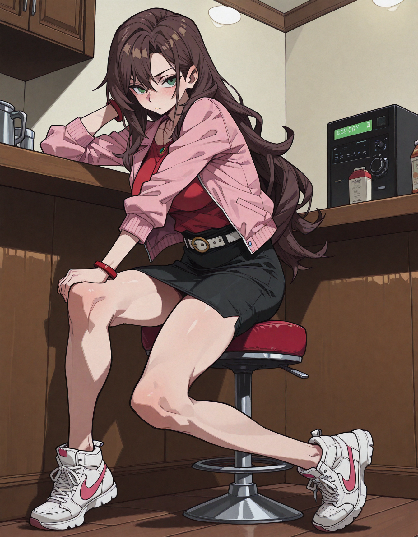 masterpiece,best quality,amazing quality,very aesthetic,high resolution,ultra detailed,perfect details,bar stool,Bar counter,chair,sitting,
1girl,<lora:azumi_hazuki:1>,mature female,(aged up:2),(brown_hair,long hair,green eyes,pink_jacket, red_shirt, black_skirt, white belt, white_footwear,white sneaker,necklace,red_bracelet),<lora:hwm4to7A3IFRHPR:1>,7a3ifrhpr_illu,