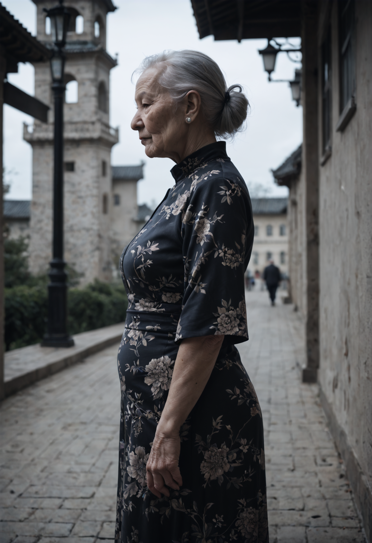score_9, score_8_up, score_7_up, source_photo, black and white photography, fading daylight, 1girl, Senior Elderly, fat, Light Sand skin, Gray hair, vietnamese dress, guard tower, profile view, rating_safe