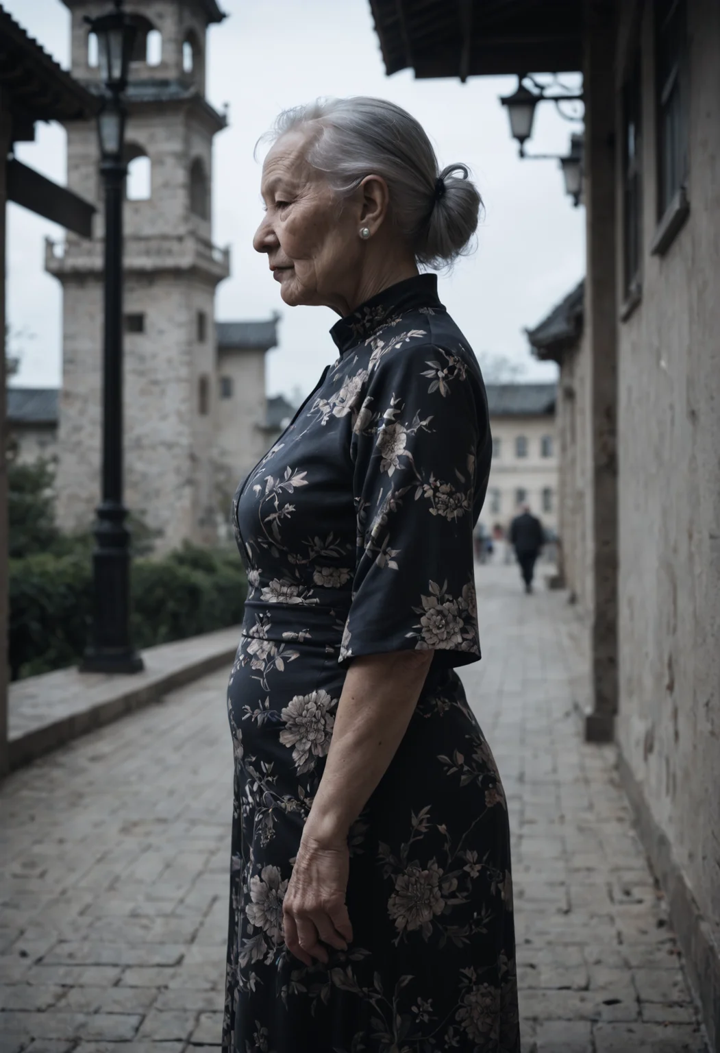 score_9, score_8_up, score_7_up, source_photo, black and white photography, fading daylight, 1girl, Senior Elderly, fat, Light Sand skin, Gray hair, vietnamese dress, guard tower, profile view, rating_safe
