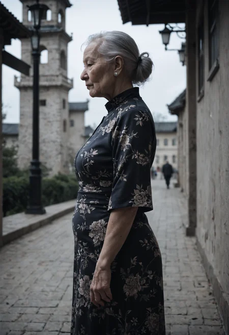 score_9, score_8_up, score_7_up, source_photo, black and white photography, fading daylight, 1girl, Senior Elderly, fat, Light Sand skin, Gray hair, vietnamese dress, guard tower, profile view, rating_safe