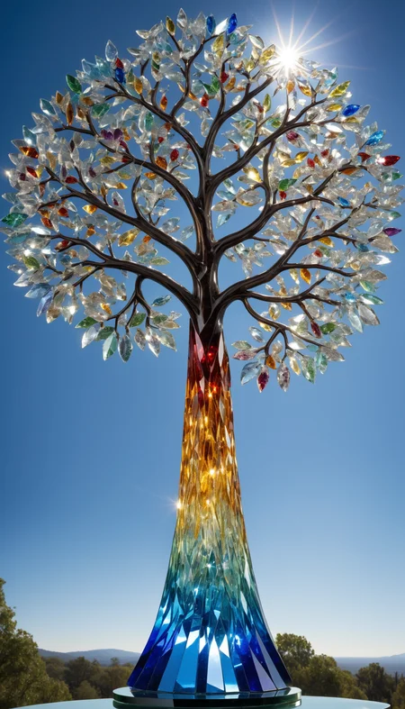 Hyperrealistic, a majestic tree made entirely of glass shards, with each shard reflecting light in a dazzling array of colors. The trunk is composed of intricately arranged glass pieces, creating a solid yet transparent structure. Branches extend gracefully, adorned with countless sharp, shimmering glass leaves that catch the sunlight and cast sparkling reflections. The tree stands tall in a serene setting, with a clear blue sky and soft clo