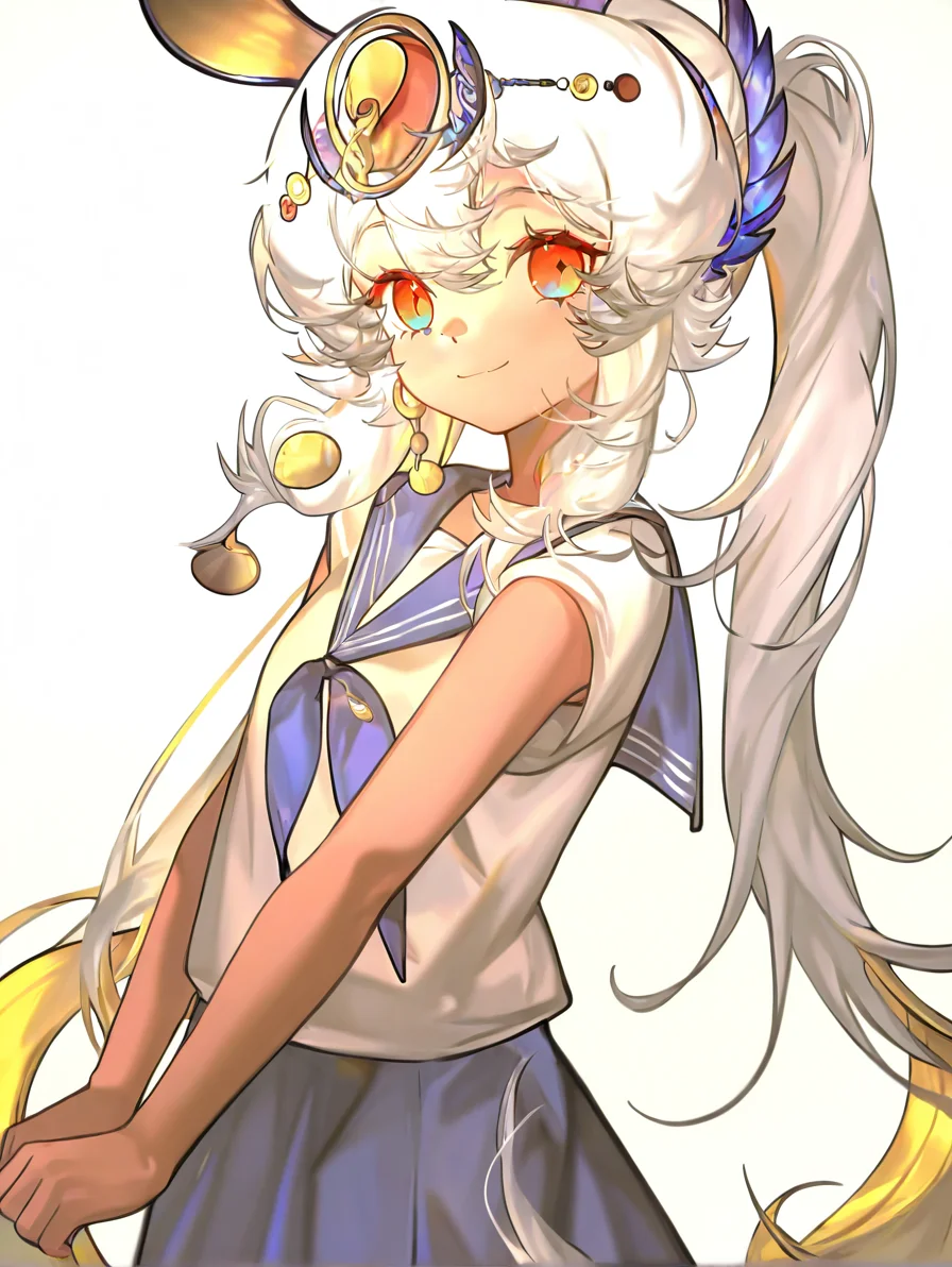 1girl,looking at viewer,solo,(simple background:1.2),(white background:1.1),smile,cowboy shot,,yuanwangbei,multicolored eyes,alternate costume,serafuku,<lora:yuanwangbei-000014:1.2>, masterpiece, best quality, very aesthetic, absurdres,newest, incredibly absurdres,