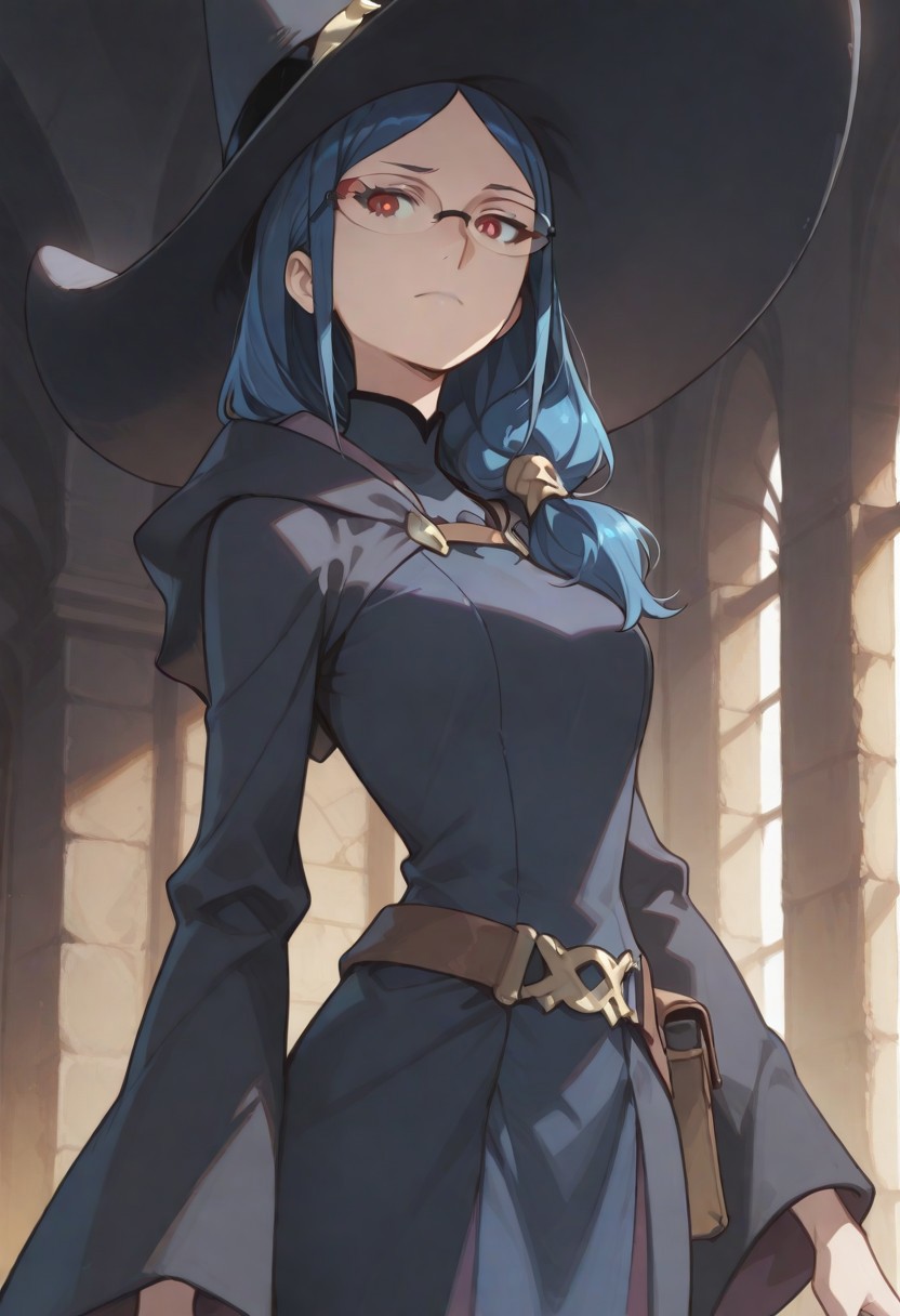 masterpiece, perfect face, beautiful face,1girl, LWAursula, ursula callistis, blue hair, long hair, side ponytail, red eyes, glasses or opaque glasses, witch hat, witch, wide sleeves, dress,