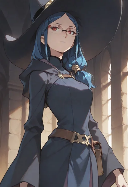 masterpiece, perfect face, beautiful face,1girl, LWAursula, ursula callistis, blue hair, long hair, side ponytail, red eyes, glasses or opaque glasses, witch hat, witch, wide sleeves, dress,