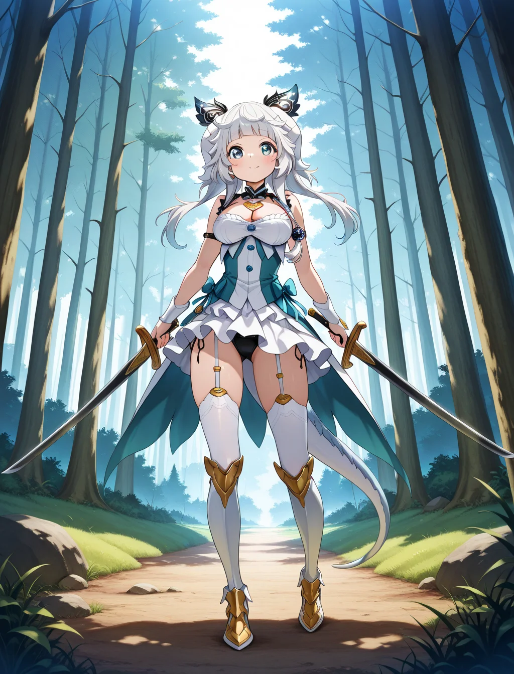 (masterpiece) ,best quality,amazing quality,very aesthetic,absurdres,newest, anime style, BREAK Anya, standing, forest, fully clothed, safe, holding two swords, long outfit