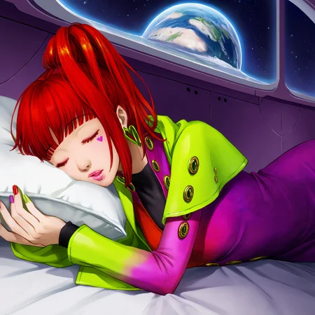 best quality, masterpiece, official artwork, (realistic:0.3), 1girl, solo, sq, red hair, jewelry, earrings, purple eyes, lips, nail polish, makeup, long hair, ponytail, jacket, dress, spaceship room background, sleeping on bed