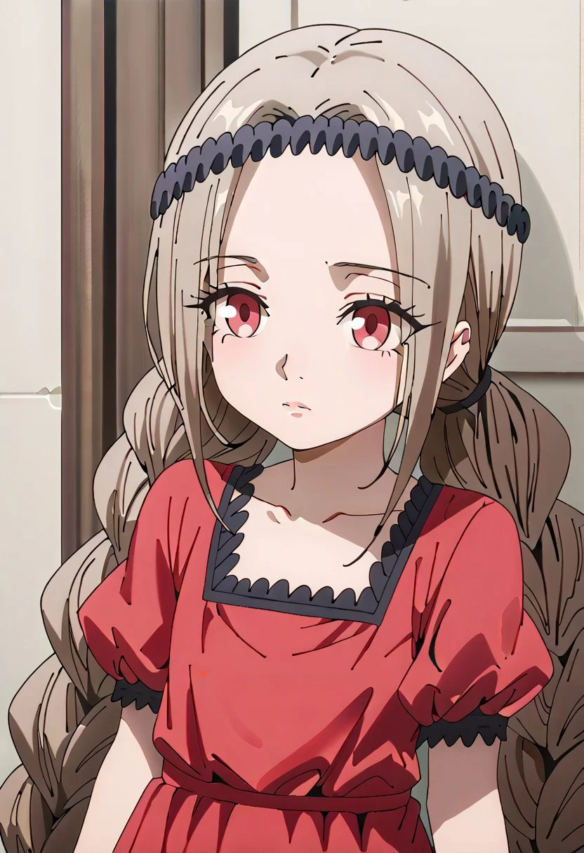 TangiriniStyle,
score_9, score_8_up, score_7_up, Solo, SeyranMuntzer, 1girl, female, light brown long braided hair, light skin, thin eyebrows, red eyes, small nose, simple lips, red dress with black accents, black hairband, slim,