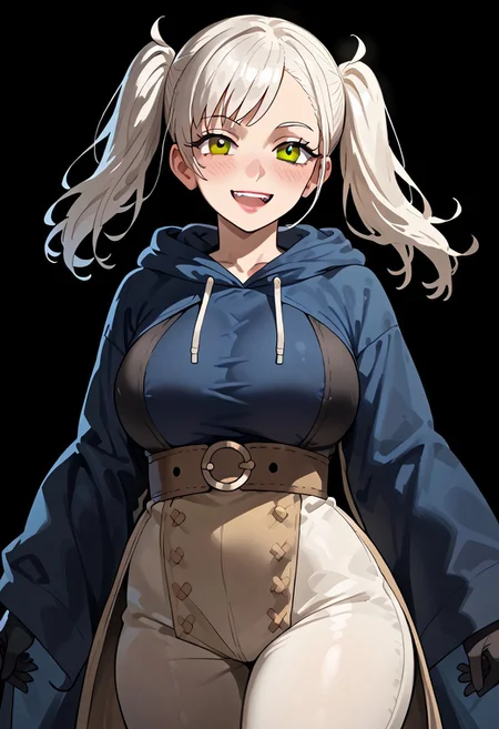 score_9. score_8_up. score_7_up. score_6_up. score_5_up. score_4_up, source_anime, 1girl, solo, calm, smile, smirk, seductive, squinted eyes, blushing, open mouth, 1girl, very_massive breasts, wide hips, thin waist, thick thighs, robin_(female)_(fire_emblem), white hair, medium hair, asymmetrical bangs, twintails, brown eyes, black robe, blue robe, hooded robe, open robe, brown belt-corset, white shirt, white trousers, black gloves, (((brown belt))), cowboy shot, white background, <lora:ebora-Style-PonyXL-GLoRA-000049:1>, there is a lack of fire
