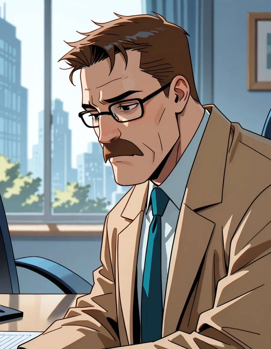 lazypos,<lora:Commissioner_James_Gordon_-_The_Batman-000019:0.7>,<lora:Batman_-_IO_Illustrious:0.7>,<lora:BatSup_Anim_90s_ILXL:0.4>,comics style,photorealistic,highly detailed style,impressionism (1.5),high detail,male focus,face focus,eye focus,depth of field,(blurred background),(dramatic lighting),masterpiece,best quality,very aesthetic,8k,masterpiece,best quality,masterpiece,best quality,8k,1 boy,POV from across a desk,an interview in an office,side view,1boy (Commissioner James Gordon, Facial Hair, Mustache, Glasses, Brown Hair, Black Eyes, glasses, tan coat, tie, sitting in an office chair, in an office, in front of a desk, looking depressed, sad, mouth closed, eyes down),detailed face,detailed eyes,skin texture
