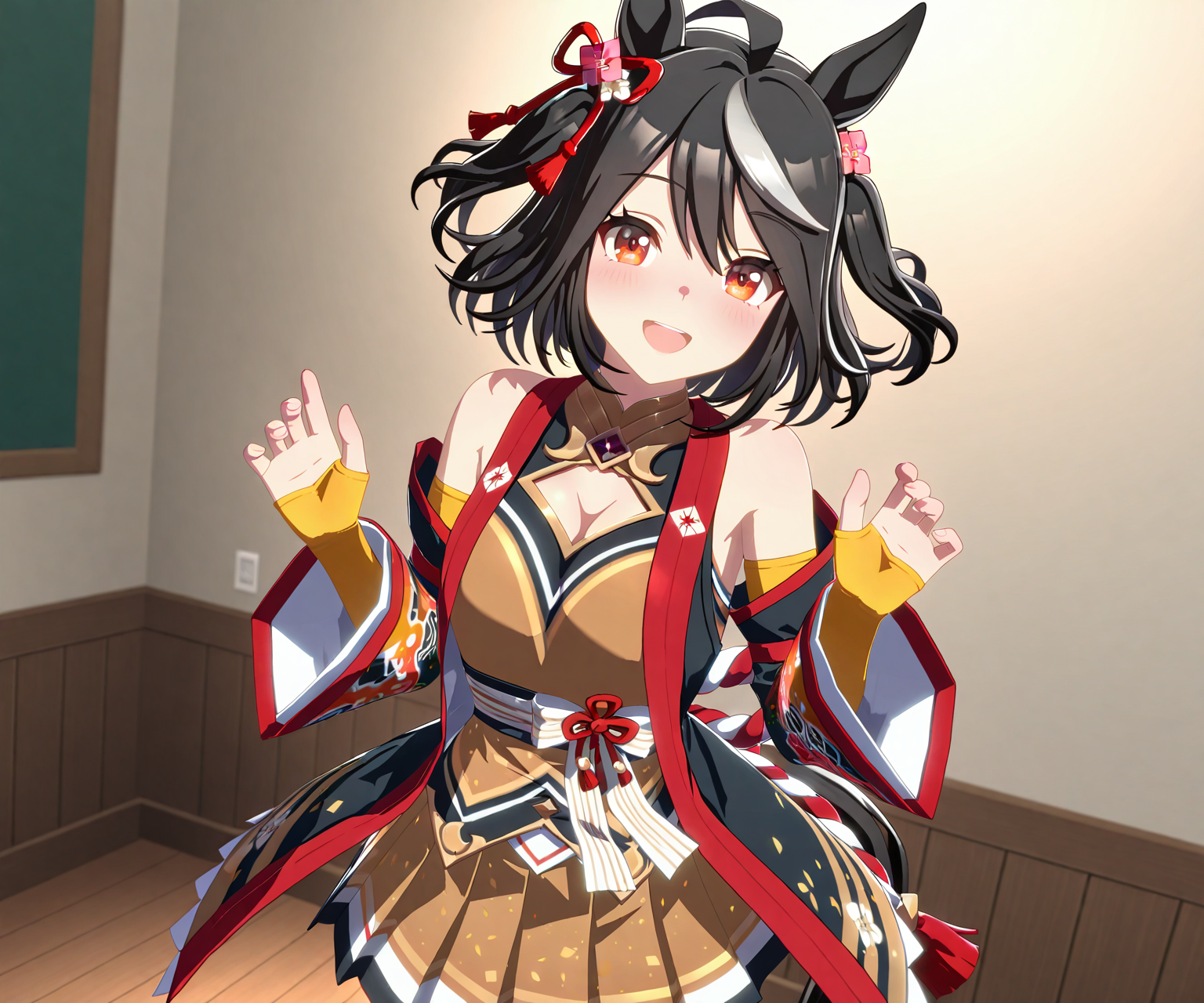 masterpiece, best quality, amazing quality, , 1girl, solo, looking at viewer,  smile, open mouth,  <lora:Kitasan Black in game style 3D:1> ummsmingame, 3d, kitasan black \(umamusume\)