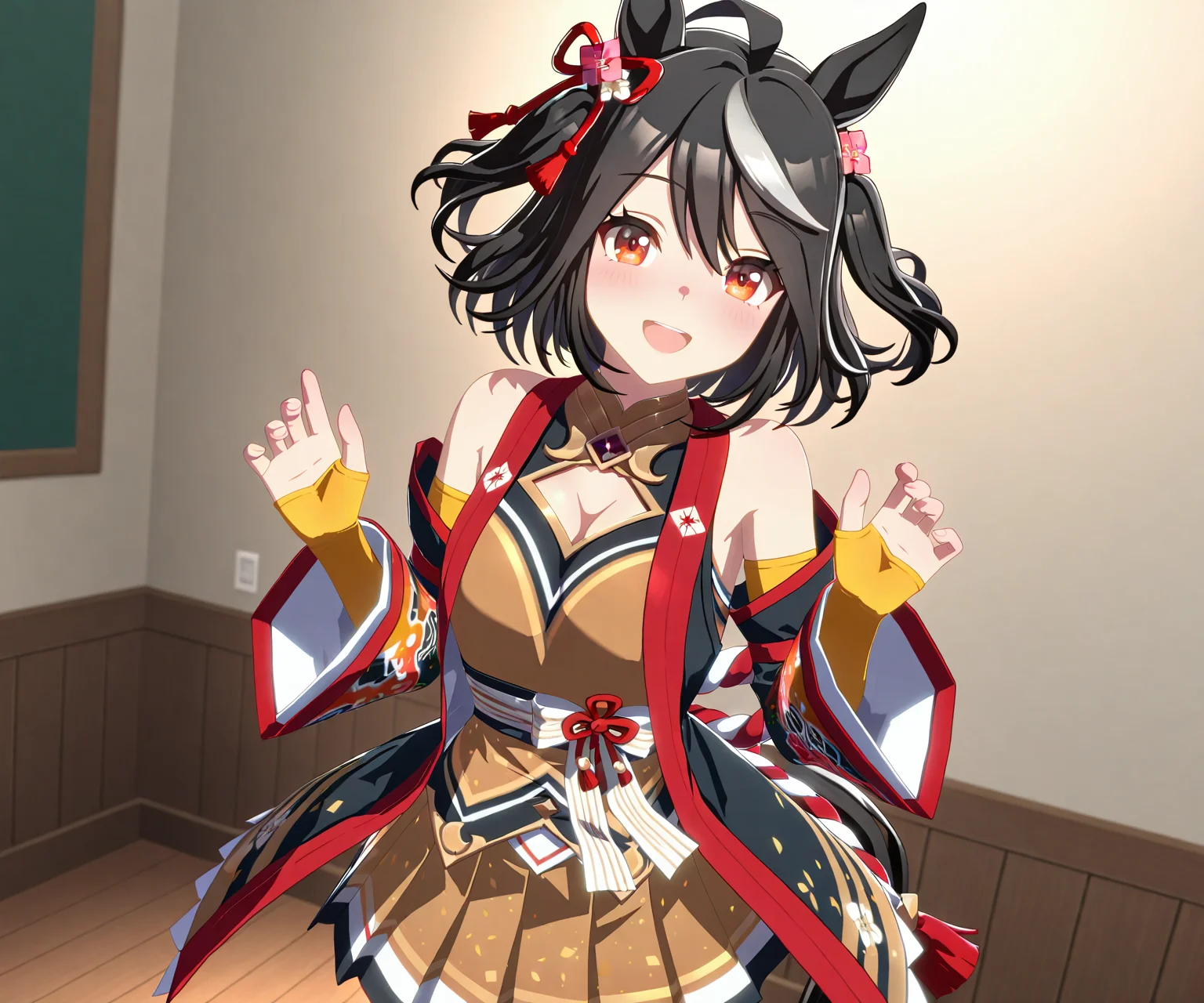 masterpiece, best quality, amazing quality, , 1girl, solo, looking at viewer,  smile, open mouth,  <lora:Kitasan Black in game style 3D:1> ummsmingame, 3d, kitasan black \(umamusume\)