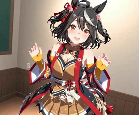 masterpiece, best quality, amazing quality, , 1girl, solo, looking at viewer, smile, open mouth, <lora:Kitasan Black in game style 3D:1> ummsmingame, 3d, kitasan black \(umamusume\)