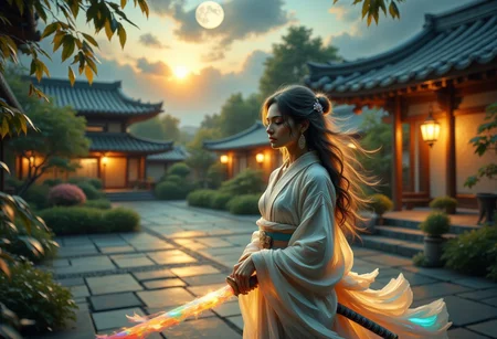 a tranquil garden courtyard at dawn, bathed in the ethereal glow of a harvest moon hanging low in the eastern sky. Shadows lengthen dramatically, giving the illusion of a greater distance than actually present. Silence reigns supreme, broken only occasionally by the melodic chirping of nocturnal birdsong.
Within this stillness, a lone figure materializes, drifting ghostlike through the mist-kissed air. Dressed in a flowing white kimono patterned with iridescent floral motifs that shift subtly in the lunar light, she appears to embody the very essence of purity and grace.
In her hands, gripped with the reverence due to a sacred artifact, is a wakizashi - a traditional Japanese short sword. Unlike conventional examples however, this blade emits a soft, multicolored luminescence, as if imbued with the very stuff of dreams and legends.
Long raven locks cascade freely down her back, framing a face of exquisite delicacy. Eyes closed, she seems to draw strength and serenity from the weapon she bears, channeling its power through her own innate spiritual fortitude. Even in repose, there is an aura of quiet menace radiating from her form, hinting at the formidable capabilities lying dormant within.
concept-art, fantasy, beautiful, painterly, detailed, textural, artistic,
beautiful, painterly, detailed, textural, artistic, aesthetic, intricate details, highly detailed, vivid, vibrant, volumetric lighting,
aidmaMJ6.1, mad-olpntng