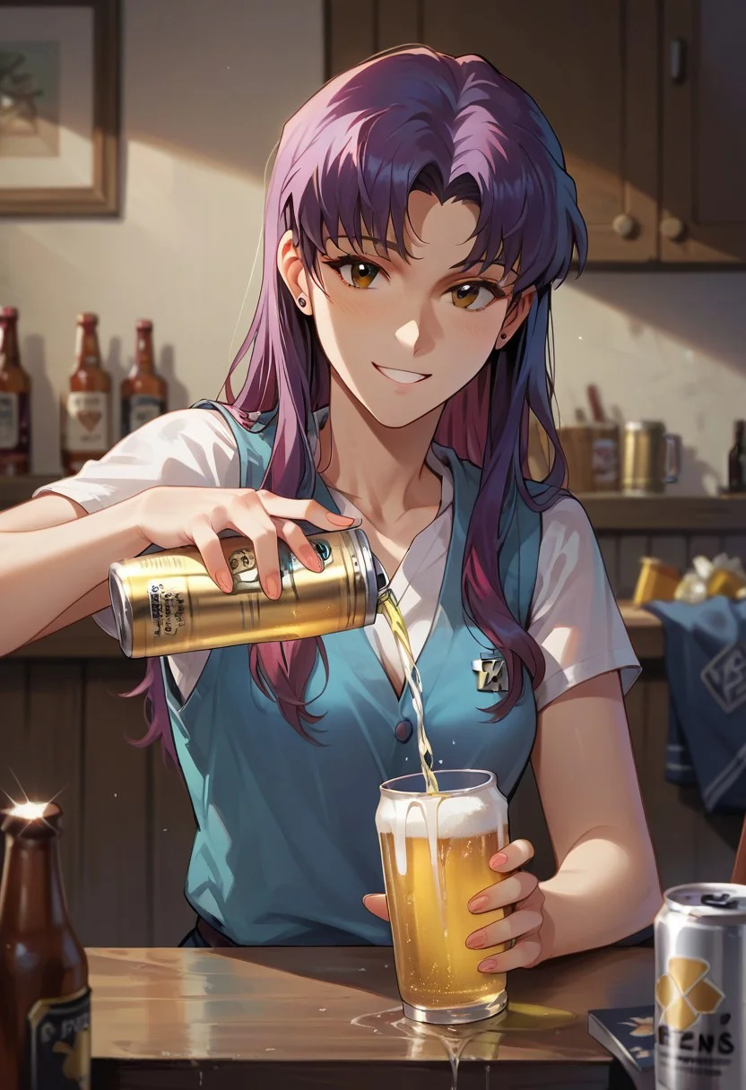 score_9, score_8_up, score_7_up, score_6_up, score_5_up, colourful, 8k, 1girl, solo, p0uring dr1nks, room, misato from evangelion, clothed female, drinking glass, beer can, beer, pouring, holding, looking at viewer,