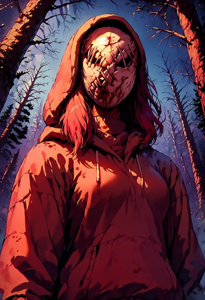 score_9, score_8_up, 1girl, solo, Susie From Dead by Daylight, namespace, hoodie, mask, upper body, looking at viewer, exterior, forest, night, knva, halftone effect, retro artstyle, creepy, horror, fog, eyeless, from below, knife, blood,