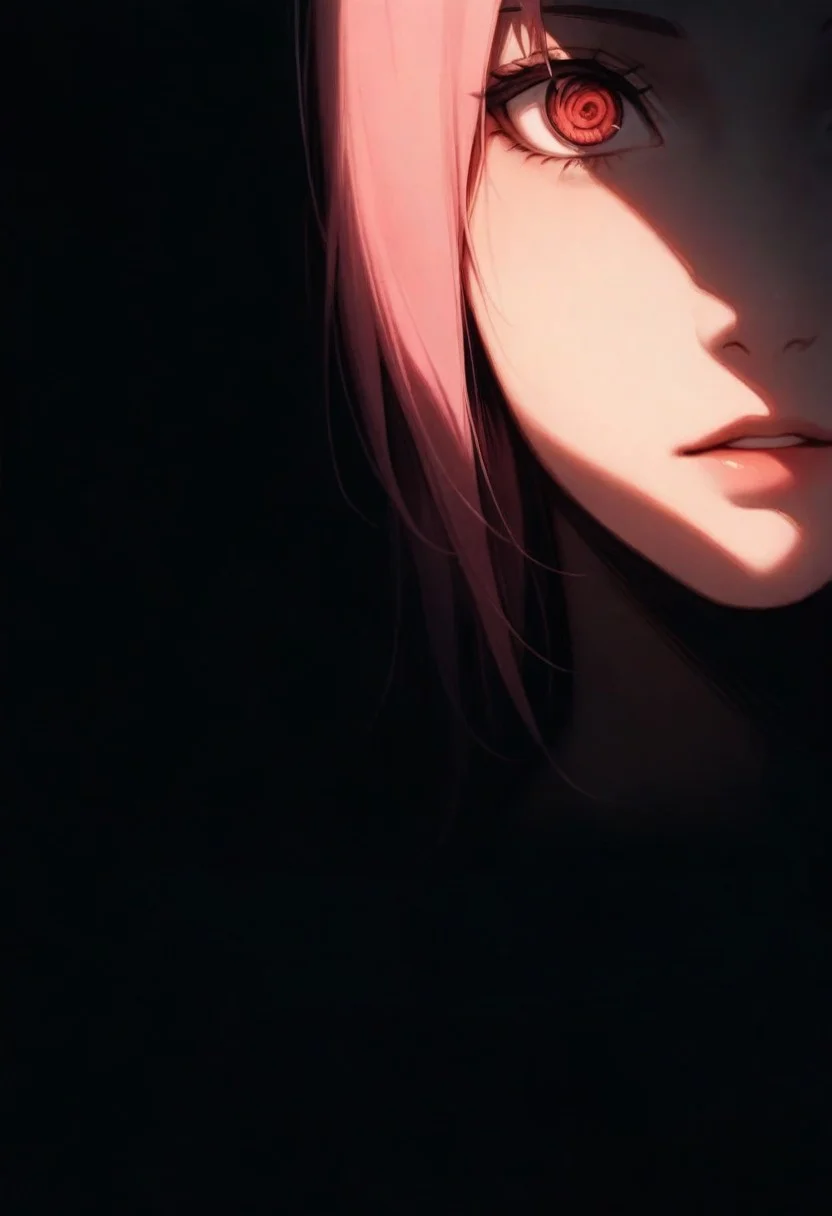 1girl, Sakura, naruto shippuden, solo, dark, light, masterpiece, best quality, very aesthetic, close up, pink hair, parted lips