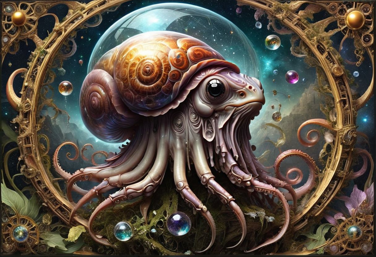 (full body portrait), ((A Frail, Ancient, old Man with extremely long hair down to his feet, and extremely long fingernails, siting on a space mushroom, in an intricate interstellar spacesuit holding a huge alien crystal ball, glowing, and blowing out many huge smoke rings)), (A giant snail|octopus attacking), intricate, (old:1.7), by Moebius and H. R. Giger, Da_Vinci, vitruvian, hyper detailed perfect hands, award winning on artstation.com,(intricate details, masterpiece, best quality:1.4), looking at viewer, dynamic pose, wide angle view, dense fog, Different shades of wisteria and grape, embellished with gold decoration, fractal art, in the style of nicola samori, Intense gaze, Bright... ,Model, expression, anthro, Rainbowiridal palette eyes, Shiny..., Bright..., Intense gaze, Ice dragon eyes, hombre eyes, Biomech, ink drawing, anatomical, Da_Vinci, vitruvian