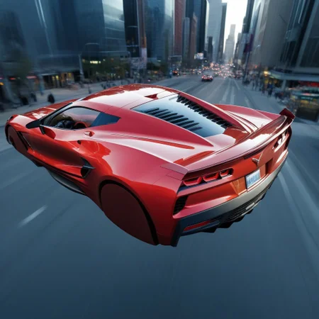 photo of red hover (2010's Chevrolet Corvette (C8) sports car), nowheels, science fiction, scifi, futuristic, futuristic city, flying, soaring,