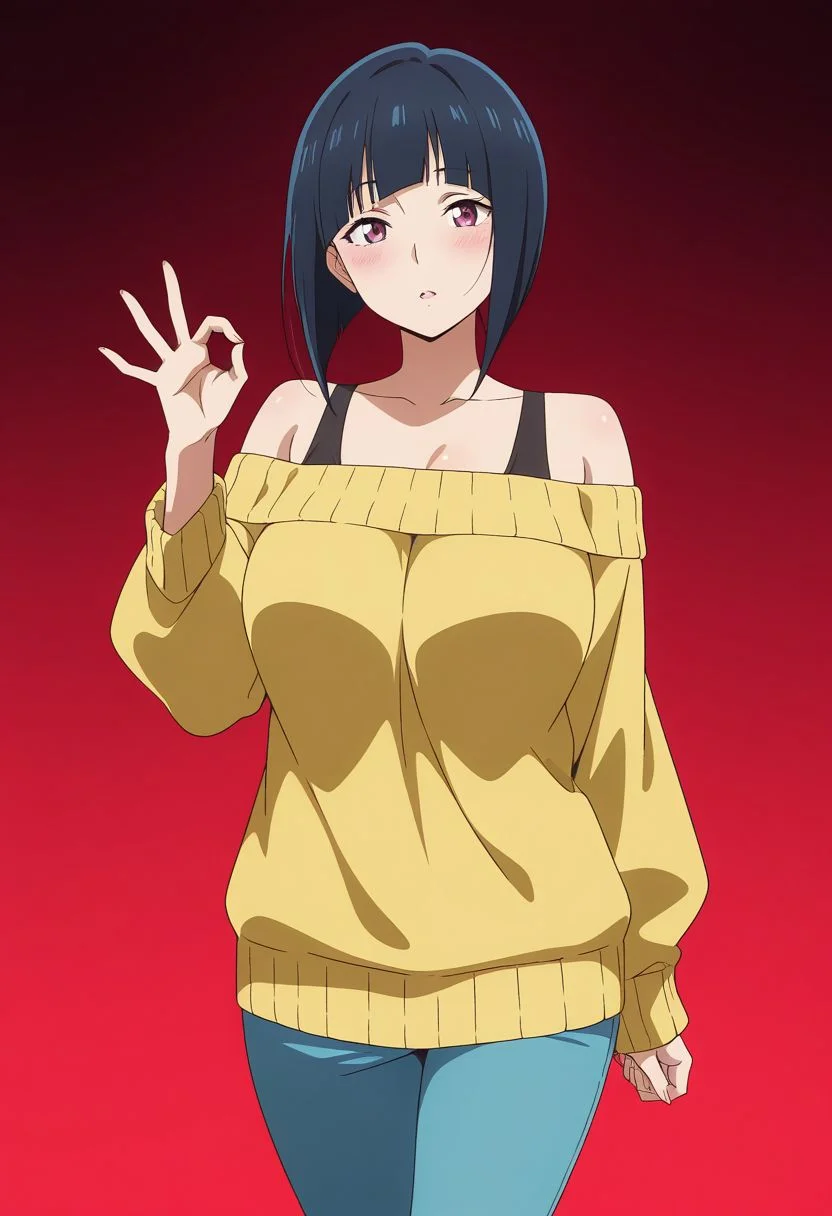 masterpiece, best quality, amazing quality, anime coloring, anime screencap, 1girl, mature female, inverted bob, black hair, blunt bangs, cowboy shot,  BREAK  simple background,  dynamic pose gradient background,  red  background  off-shoulder sweater,     ok sign,