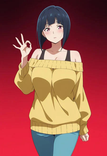 masterpiece, best quality, amazing quality, anime coloring, anime screencap, 1girl, mature female, inverted bob, black hair, blunt bangs, cowboy shot,  BREAK  simple background,  dynamic pose gradient background,  red  background  off-shoulder sweater,     ok sign,