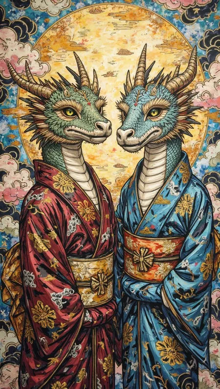 <lora:ck-Ivan-Beslic-Art-Style-000019.safetensors:1> A highly detailed and vibrant digital painting in the style of ck-ibStunning art piece featuring anthropomorphic dragons in Japanese kimonos against a vibrant cloud-patterned backdrop, with intricate details and rich fabrics. Deep burgundy and light blue kimonos adorned with gold designs mirror the serene sky.