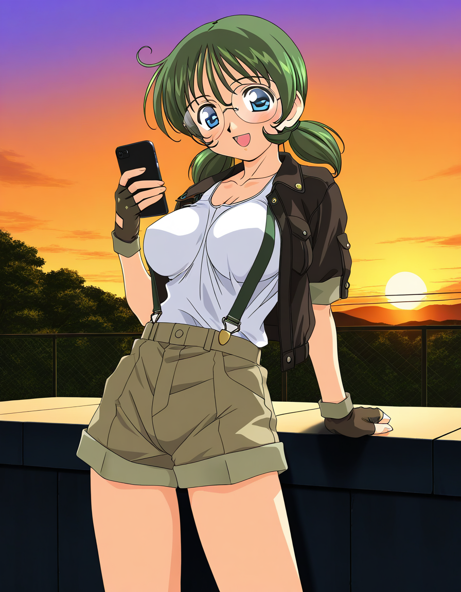 general,highres, ultra-detailed,very aesthetic,best quality ,best hands,  BREAK <lora:Sakurako_Spiral_NAMI_IS:1> 2000s \(style\),anime coloring,
Sakurako, solo, glasses, green hair, blue eyes, twintails, short hair, large breasts, smile, open mouth, gloves, shorts, fingerless gloves, tank top, phone, jacket, suspenders, sunset, outdoor, sky,
