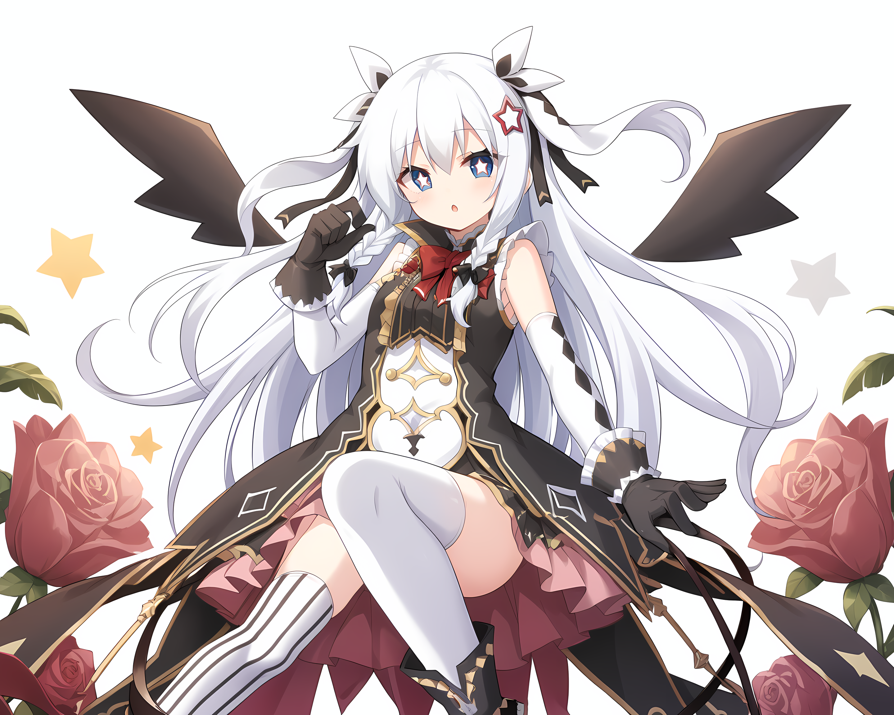 <lora:Sonya_-_Sankai_Ou_no_Yubiwa_-_ã¨ã¦ã·ã¥ãªã¼_çæµ·çã®åç°_-_Eushully:1>,sonya,long hair,blue eyes,star-shaped pupils,gloves,braid,white hair,thighhighs,star (symbol),black gloves,ribbon,wings,star hair ornament,striped,, score_9, score_8_up, score_7_up,source_anime,(masterpiece),(best quality),(ultra-detailed),(best illustration),(best shadow),(absurdres),(detailed background),(very aesthetic),source_anime