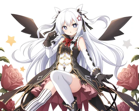 <lora:Sonya_-_Sankai_Ou_no_Yubiwa_-_ã¨ã¦ã·ã¥ãªã¼_çæµ·çã®åç°_-_Eushully:1>,sonya,long hair,blue eyes,star-shaped pupils,gloves,braid,white hair,thighhighs,star (symbol),black gloves,ribbon,wings,star hair ornament,striped,, score_9, score_8_up, score_7_up,source_anime,(masterpiece),(best quality),(ultra-detailed),(best illustration),(best shadow),(absurdres),(detailed background),(very aesthetic),source_anime