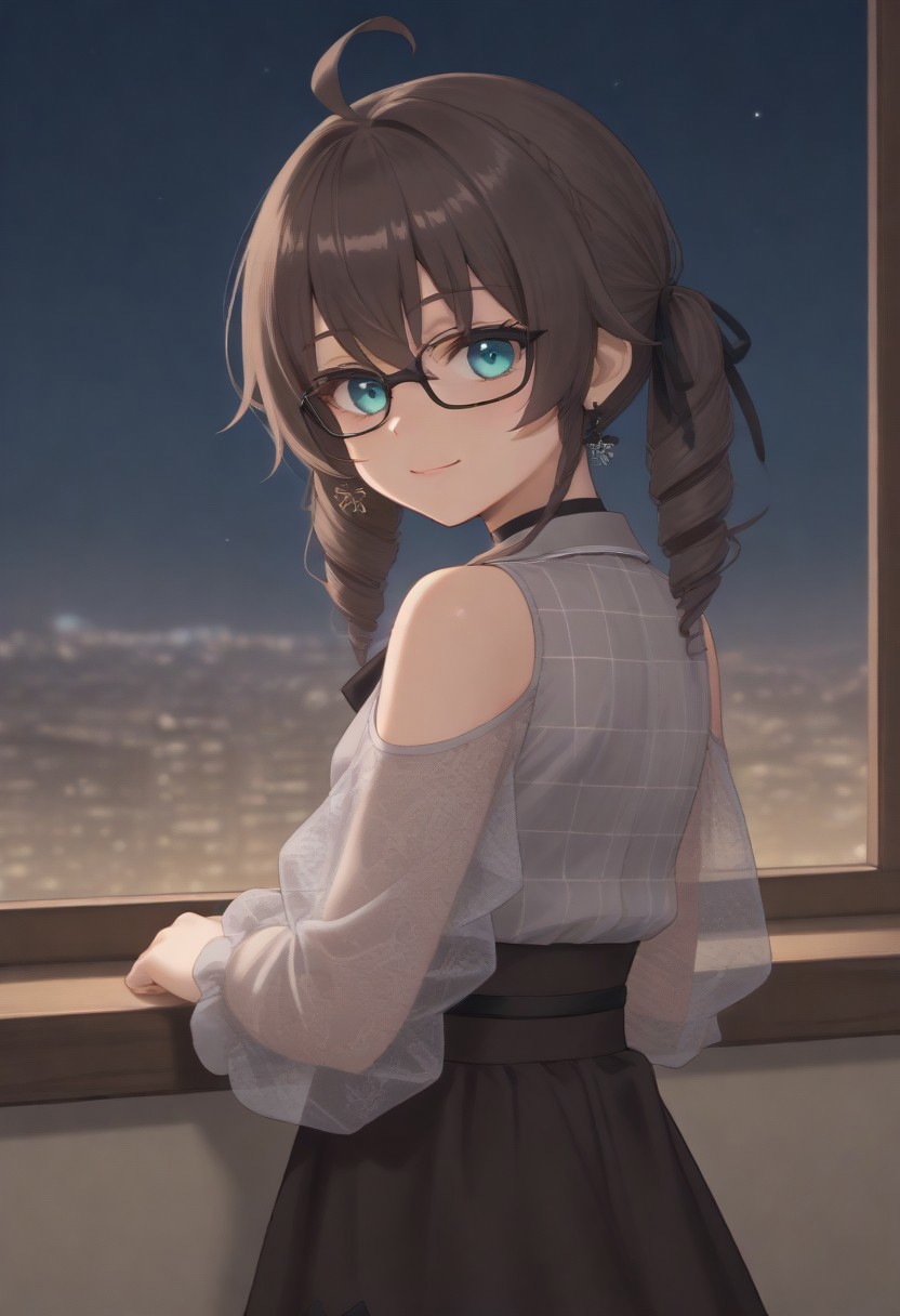 1girl, solo, solo focus, highres, absurdres, MatsuriMineGirl, brown hair, bangs, grey shirt, ahoge, twintails, black ribbon, black choker, hair between eyes, hair ribbon, brown skirt, shoulder cutout, collared shirt, flower earrings, black bowtie, blue eyes, white jacket, see-through sleeves, lace sleeves, plaid shirt, high-waist skirt, puffy short sleeves, medium hair, open jacket, small breasts, long sleeves, drill hair, black-framed eyewear, braid,
looking at viewer, evil smile, closed mouth, head tilt, from behind, looking back,
indoor, cityscape, neon lights, window, dark, night, night sky, 
light particles, backlighting, shade, light rays, lens flare, shiny skin, fine fabric emphasis,