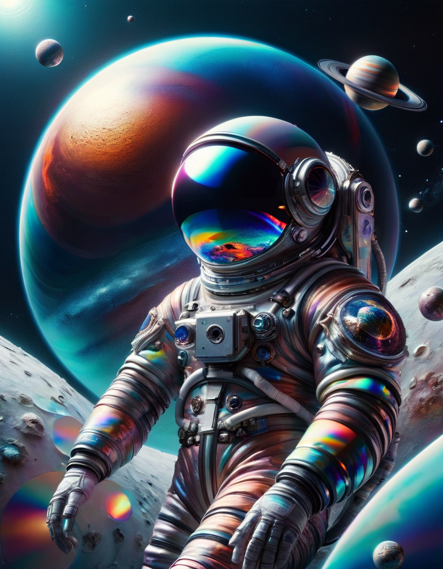 a surreal scene of a astronaut floating in space, with planets and stars also in ral-czmcrnbw, dynamic, cinematic, masterpiece, intricate, ral-czmcrnbw aesthetic, made of ral-cmpctdsc <lora:ral-cmpctdsc:1>