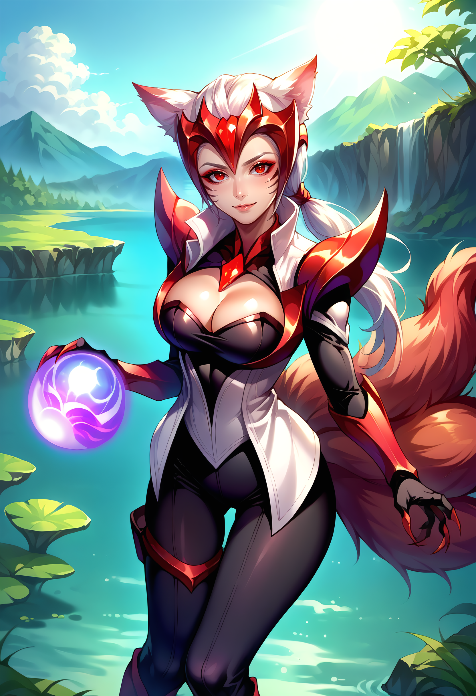 score_9, score_8_up, score_7_up, source_anime BREAK 1girl, solo, looking at viewer,  cowboy shot, 
<lora:Ahri_Challenger_pdxl_Incrs_v1:1>, Ahrichallenger, animal ears, facial mark, fox tail, multiple tails, long hair, white hair, low ponytail, red eyes, large breasts, Makeup, gem, forehead protector, pauldrons, vambraces, black bodysuit, white Shirt, cleavage, claws, gloves, thigh strap, knee boots, 
medium breasts, skindentation, seductive smile, holding orb, orb,
lake, nature, sunlight, sun,