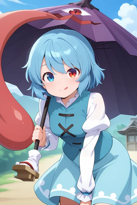 absurdres, highres, masterpiece, best quality, amazing quality, official anime artwork, screencap, anime screencap, outdoors, looking at viewer, light smile, dynamic pose,
<lora:Kogasa-Tatara_Illustrious:1> tatara kogasa, 1girl, solo, heterochromia, red eyes, blue eyes, blue hair, short hair,, white shirt, long sleeves, juliet sleeves, blue vest, blue skirt, holding umbrella, karakasa obake, :q, tongue out,